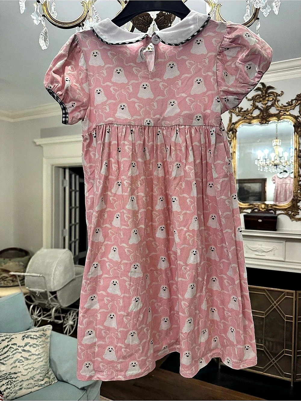 Little red wagon smocks Pink Ghost Print Collared Dress 7-8